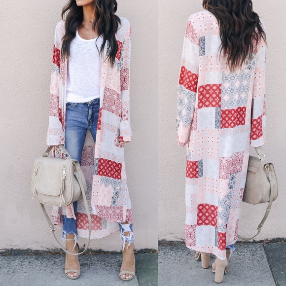 Tops - Patchwork Quilted Print American Blues Long Kimono